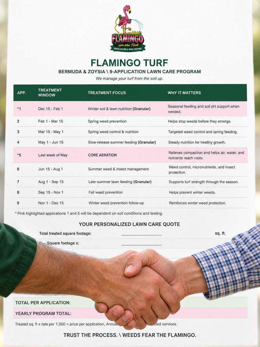 A handshake over the Flamingo Turf 9-application lawn care program sheet