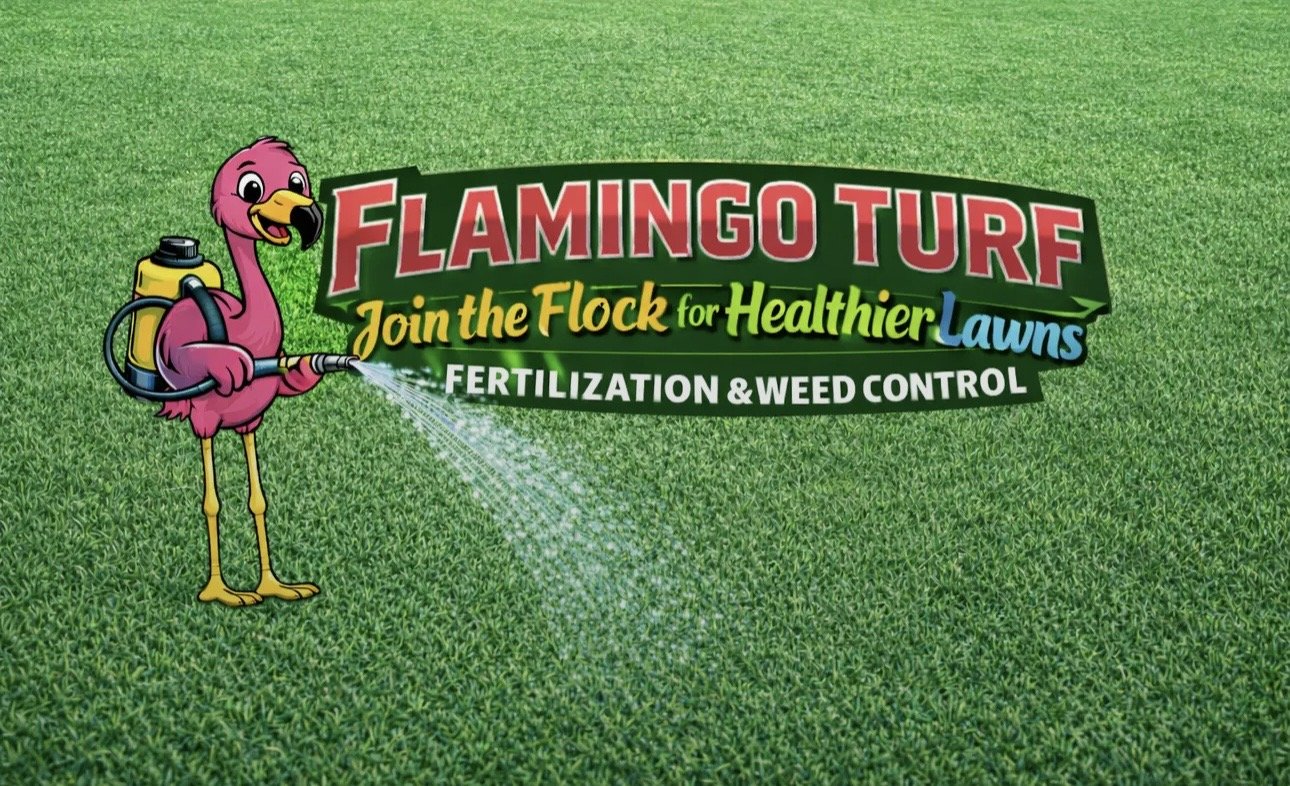 Flamingo Turf logo: a pink flamingo with a backpack sprayer on a green lawn. Join the Flock for Healthier Lawns. Fertilization & Weed Control.